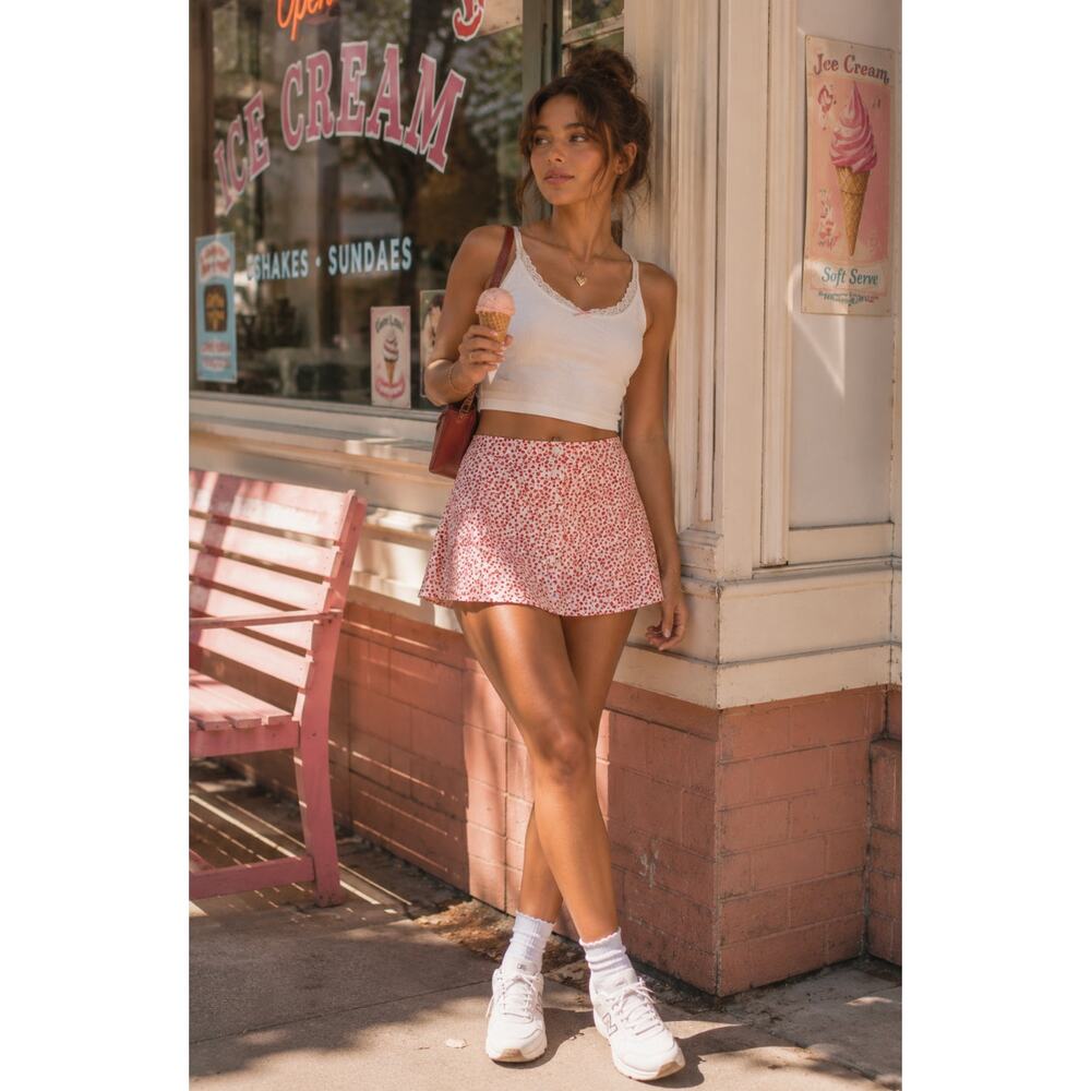 Anna Grace Y2K Printed Mon Cheri Floral Cherry Girl Mini Skirt Y2K Softcore